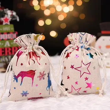 1 шт. Рождественский подарочный пакет из мешковины, сумки для упаковки ювелирных изделий, украшение для вечеринки, 10x14 см, упаковка печенья на шнурке, Пакеты для конфет, свадьба K7E9