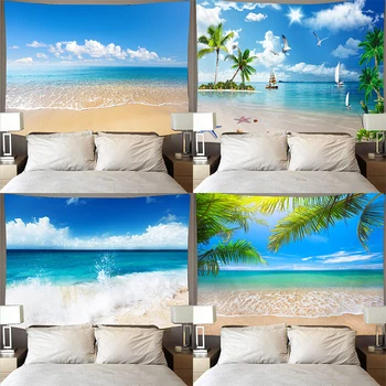 Пляжный пейзаж, гобелен, голубое небо, белые облака и чайки, настенное искусство, подвесная ткань, пляжное полотенце, украшение дома в гостиной