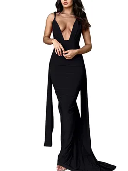 Женское сексуальное платье на бретелях с открытой спиной, однотонный глубокий V-образный вырез, облегающее длинное платье с высоким разрезом сзади, вечернее платье, платье