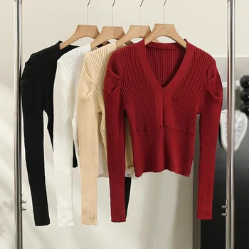 Модные женские топы с длинными рукавами в корейском стиле, однотонный вязаный пуловер, простые универсальные тонкие топы