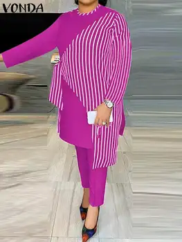 2023 Комплекты брюк в полоску VONDA, Женские Асимметричные Длинные топы и брюки, летние комплекты в тон, Повседневные костюмы в стиле пэчворк большого размера