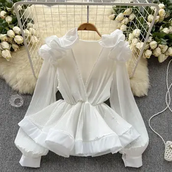 ALPHALMODA 2023, Плиссированная блузка с V-образным вырезом и длинными рукавами с 3D цветами на плечах, рубашка для женщин