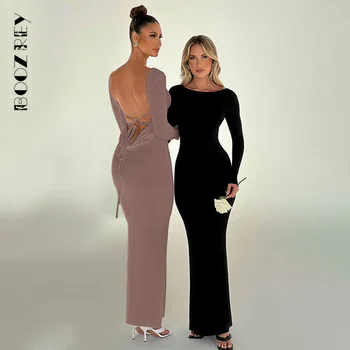 BoozRey Осеннее новое облегающее платье Макси с открытой спиной для женщин 2023, новое модное сексуальное платье на шнуровке с высокой талией и длинным рукавом, Vestidos
