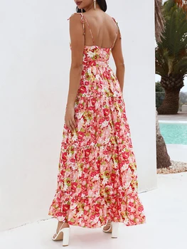 Женское платье макси с цветочным принтом в стиле бохо, на бретельках-спагетти, без спинки и рукавов, идеально подходящее для летних вечеринок и