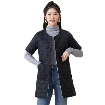 Осенне-зимняя хлопковая куртка средней длины, женская, 2023, Новое Свободное пальто с круглым воротом, Короткие рукава, утепленная верхняя одежда, Модные топы, женские
