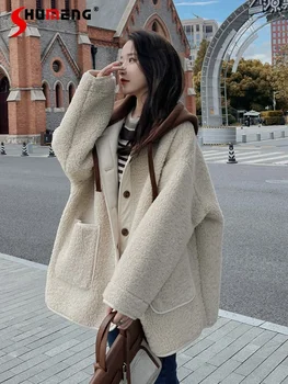 Пальто из овечьей шерсти со встроенным мехом, женская осень-зима 2023, новая мода, женственная строчка, толстая теплая свободная комфортная одежда
