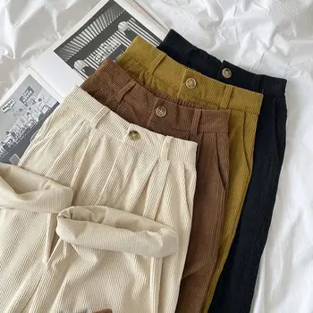 Осенние винтажные вельветовые брюки с высокой талией, модные женские прямые брюки, женские повседневные широкие брюки с карманами, женские 29096