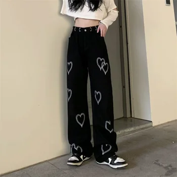 Уличная мода, женские Черные джинсы с широкими штанинами, Весна-осень, Корейские повседневные брюки в стиле хип-хоп, Harajuku, заботливые Свободные Прямые брюки