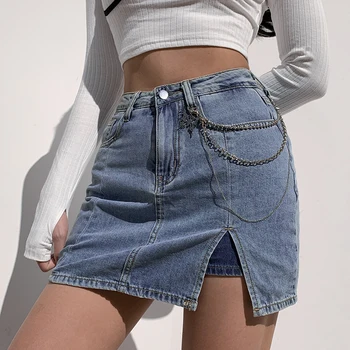 Повседневная короткая прямая джинсовая юбка IAMSURE в элегантном стиле с застежкой-молнией, летняя уличная мини-юбка с разрезом и высокой талией для женщин