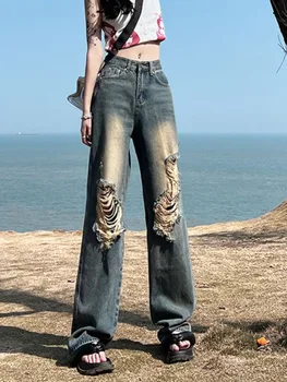 Женская летняя расширенная версия, Винтажные джинсы с дырками в американском стиле, женские брюки-карго, Хай-стрит, свободные, широкие Штанины, мытье ног