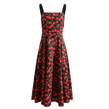 Новое модное женское платье с цифровой печатью, вишневое платье на подтяжках, со складками на талии, маленькое платье, платье средней длины