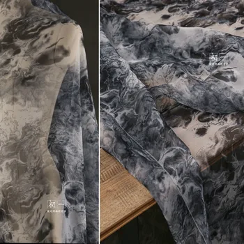 Черное изображение Роспись тушью Полупрозрачная ткань из Органзы Винтажное Китайское Платье Кардиган Дизайнер костюмов Ткань