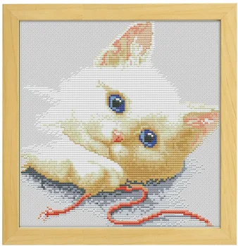 Белая кошка с голубым глазом Вышивка крестиком Экологическими хлопчатобумажными нитками Украшение для дома Подвесная Картина Подарок