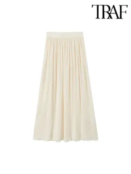 TRAF 2023, Весенне-летняя модная женская длинная шифоновая юбка с высокой эластичной талией, пляжные плиссированные юбки, однотонная женская повседневная юбка