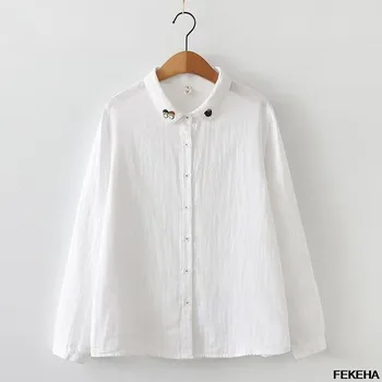 Женские рубашки с вышивкой, Белые блузки с длинным рукавом, Хлопчатобумажная пряжа, Белые Женские топы, Женская Одежда в Корейском стиле