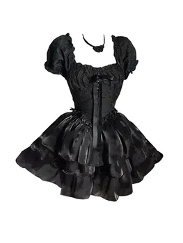 Женское Черное платье Kawaii Lolita Французское Элегантное Корейское платье для дня рождения на шнуровке с квадратным воротником, бальное платье с пышными рукавами, эстетика 2000-х годов