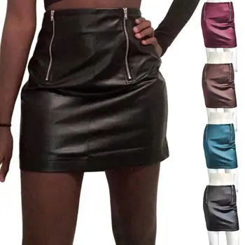 Сексуальная юбка из искусственной кожи, женская юбка на молнии с высокой талией, однотонная облегающая мини-юбка выше колена для клубных вечеринок