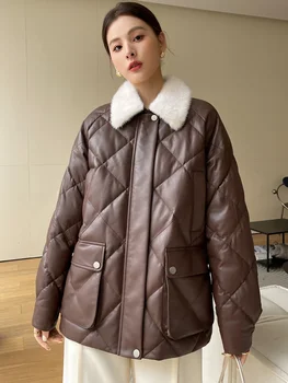Зимняя женская куртка из натуральной овчины на гусином пуху, новинка 2024 года, высококачественное теплое Норковое пуховое пальто из натуральной кожи
