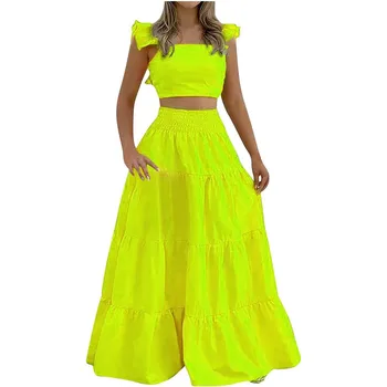 Женская одежда из 2 предметов, Летняя Многоуровневая юбка с квадратным вырезом и Топом, Подходящая для Сбора друзей