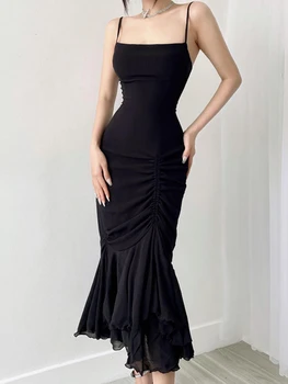 HOUZHOU Элегантное Черное Длинное платье, Женское Сексуальное облегающее Сетчатое платье в стиле пэчворк, Вечерние платья, Складки для вечеринок, Летний женский халат