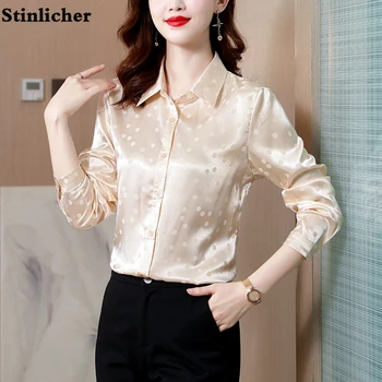 Атласная шелковая блузка в горошек, женская рубашка, Элегантная офисная женская рабочая рубашка, Весенне-осенние шелковые топы с длинными рукавами, женская одежда
