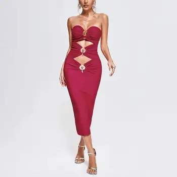 Сексуальные женские металлические аксессуары без бретелек, выдалбливают бандажное мини-платье, облегающее модное вечернее платье для вечеринки в клубе знаменитостей.