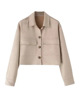 Женское осенне-зимнее замшевое пальто цвета Хаки с длинным рукавом и отложным воротником, укороченные короткие куртки