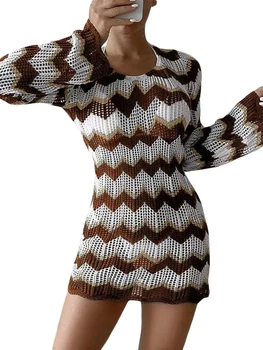 Женское вязаное крючком мини-платье с длинным рукавом, платье-свитер с вырезами, пляжный летний наряд на берегу моря