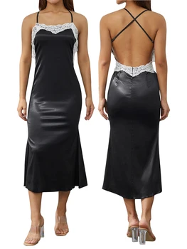 Женское модное вечернее платье, украшенное кружевами, без рукавов, на бретелях, тонкое черное длинное коктейльное платье