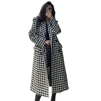 Модная клетчатая шерстяная куртка, женское пальто, Осень-зима 2023, Новая Корейская Шерстяная ветровка средней длины до колена, верхняя одежда, женская одежда