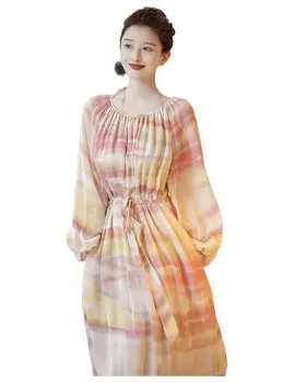 Женская одежда 2023 года, свободное платье с дымчатыми косами и круглым воротом