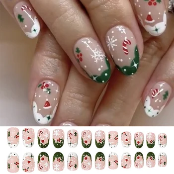 24ШТ Круглый миндальный Рождественский накладной декор для ногтей, искусственное наращивание ногтей, маникюр, желейный клей, полное покрытие ногтей, Новый 2024 год