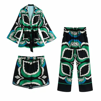 Женский винтажный пижамный комплект из 3 предметов с принтом листьев, повседневные прямые брюки, женские шикарные длинные брюки с эластичной талией, пижамы