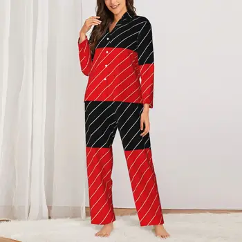 Двухцветная пижама в весеннюю красную и черную полоску, Винтажный пижамный комплект большого размера, женский домашний костюм для романтической комнаты с длинным рукавом