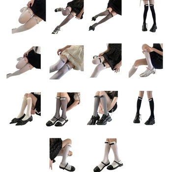 Летние носки Однотонные длиной до колена Школьные носки в повседневном стиле с милыми бантиками, галстук Длинный чулок для студентов