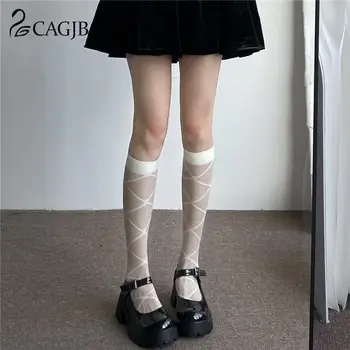 1 пара Летних тонких нейлоновых длинных носков, чулки в стиле колледжа JK Lolita Для девочек, гольфы до колена в ромбовидную клетку, чулки