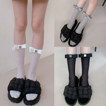 Женские носки с бантом с металлической этикеткой, элегантные эластичные носки в рубчик до середины икры
